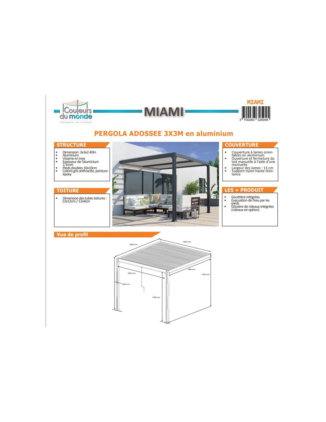 Pergola Adossée Bioclimatique MIAMI 3x3 M En Aluminium 3 Pergola Adossée Bioclimatique MIAMI 3x3 M En Aluminium – Image 3