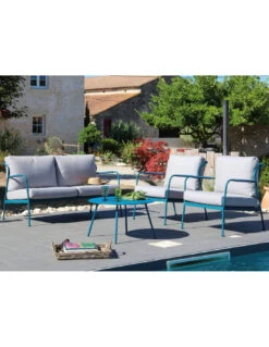 Salon De Jardin Noa 4 Places En Acier - Bleu/Beige Clair -Extérieur Meubles Magasin salon de jardin noa 4 places en acier bleubeige clair 3