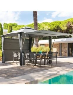Tonnelle Avec Auvent Amalya 3x3m - Acier Traité époxy, Polyester Ardoise